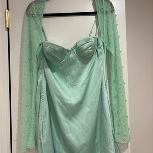 Oh Polly Mint Green Dress with Beaded Overlay
